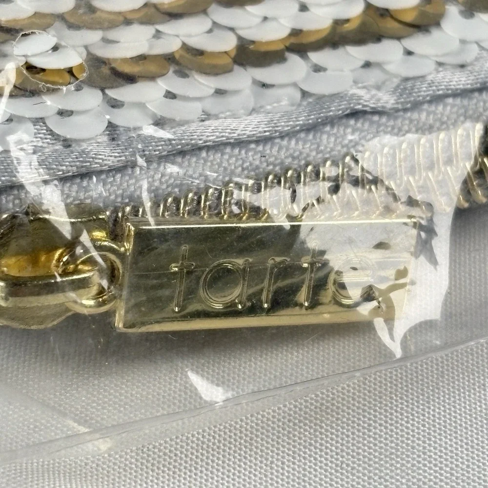 Tarte Cheers To You Makeup Bag Sequin Gold White Cosmetic Pouch‎ New 6x9 Sealed